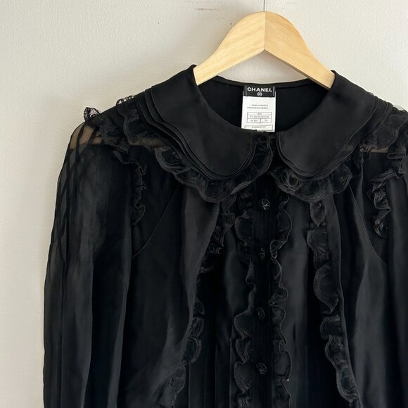 CHANEL BLACK SILK RUFFLE BLOUSE - Picture 8 of 15